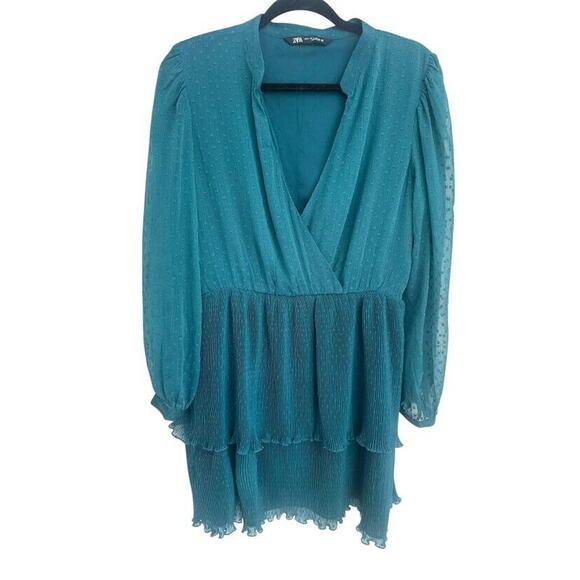 Zara Turquoise Blue Chiffon Dotted Tiered Mini Dress Size Large Long Sleeve - Picture 2 of 9